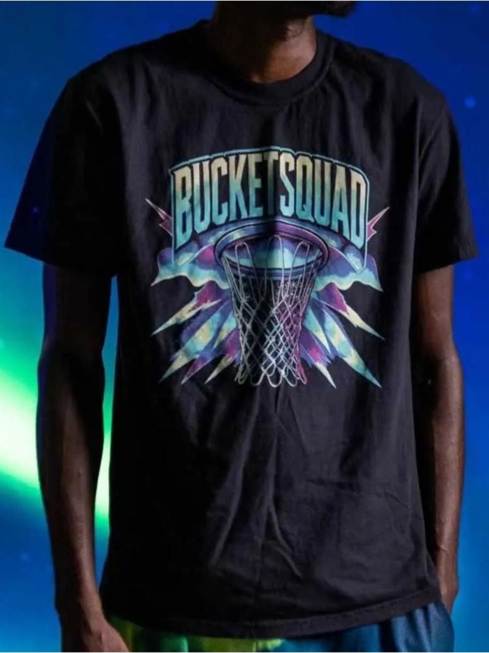 Bucket Squad Black Graphic T‑Shirt – Colorful Basketball Design small